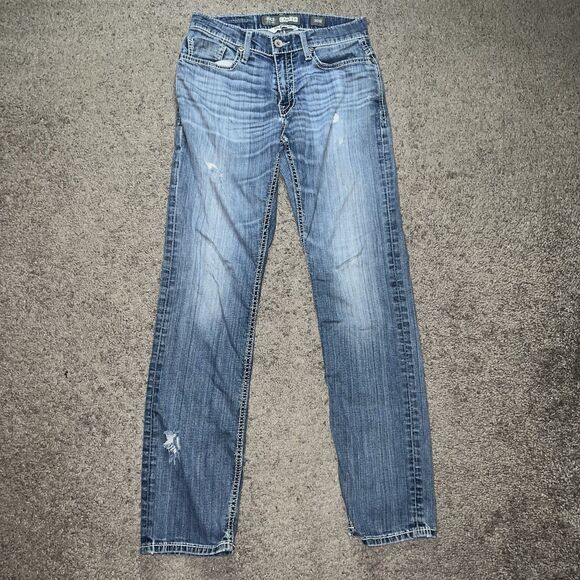 Distressed BKE Buckle Jake Straight Leg Jeans Men's Blue Denim sz 30R Light Wash - Picture 5 of 8